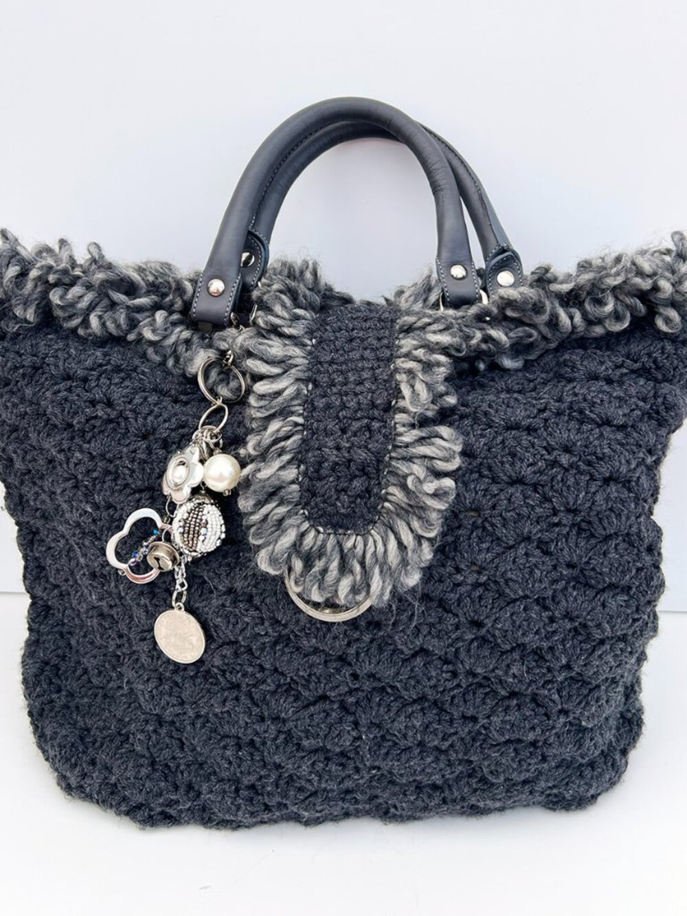 Chunky Knit Wool Cashmere Silk Tote Bag Italy Loro Piana Yarn Gray